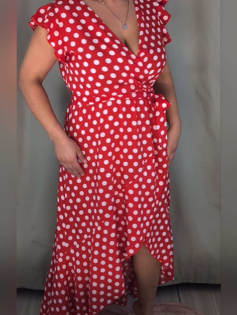 Red & White Polka Dot High-Low Maxi Dress
